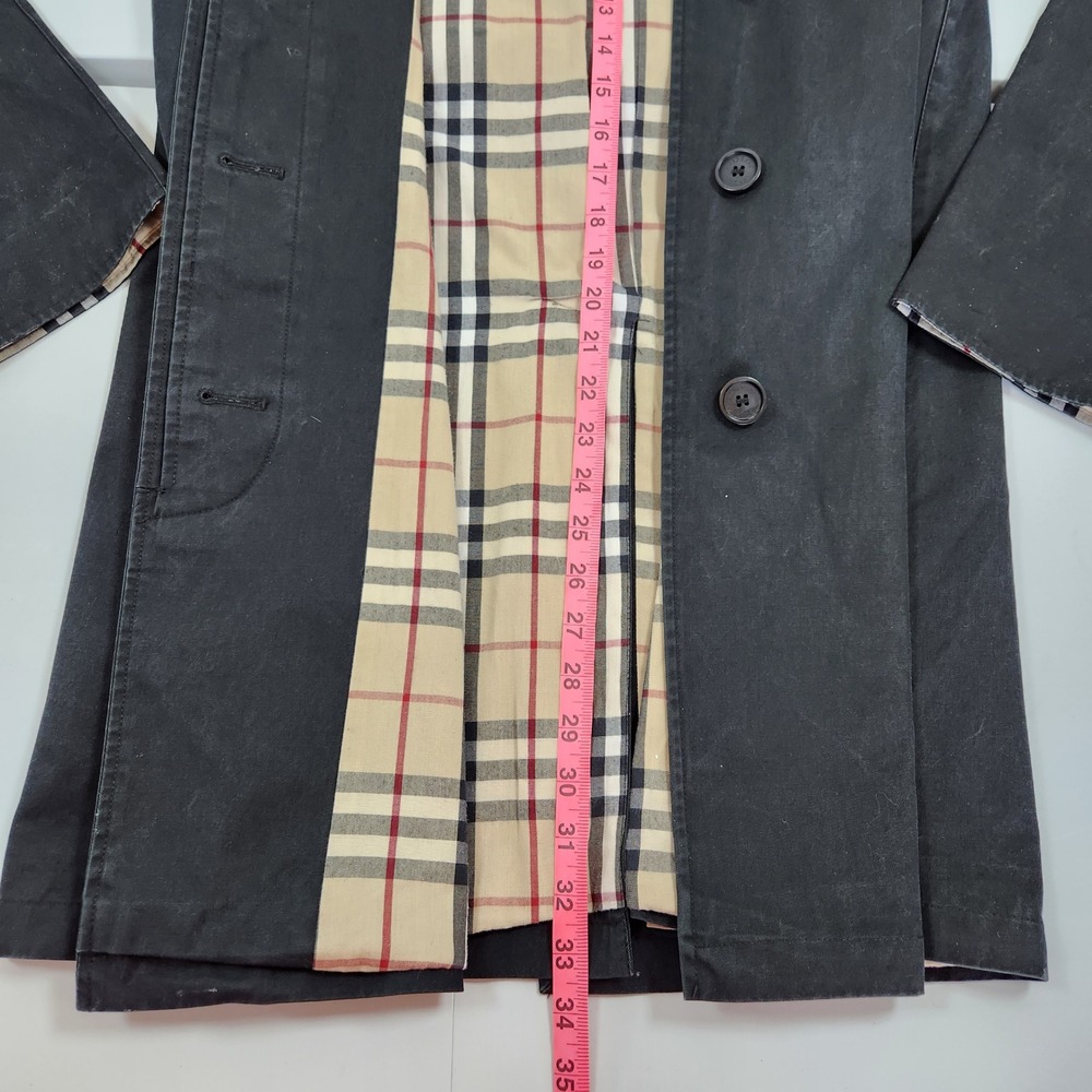Vintage Burberry London Black Hooded Trench Coat Nova Check Lining Cotton Jacket - Picture 7 of 12